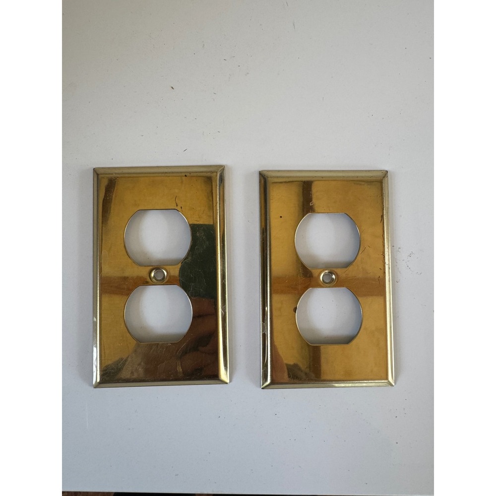 Vintage Brass Duplex Outlet Wall Plate Covers Set of 2 Polished Gold Metal